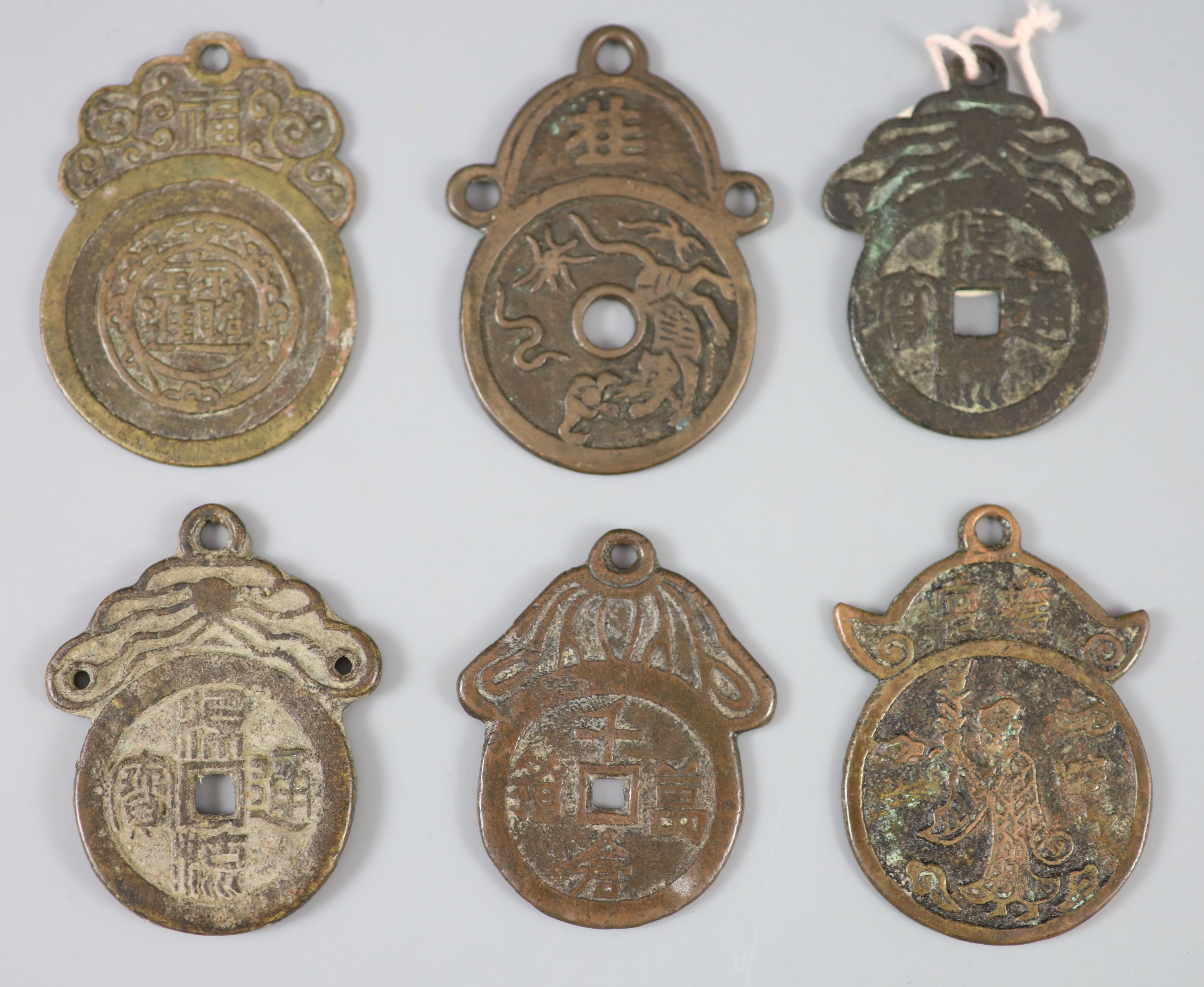 China, 6 large bronze pendant charms or amulets, Qing dynasty,